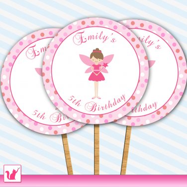20 Personalized Cute Pink Fairy Cupcake Topper - Birthday Party