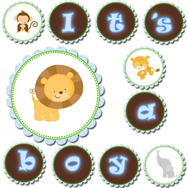 Hand Made Personalized Jungle Blue Banner - Baby Shower Birthday Customized For Any Occassion