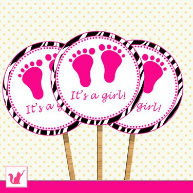20 Personalized Cute Zebra Hot Pink Baby Feet Cupcake Topper - Baby Shower Party