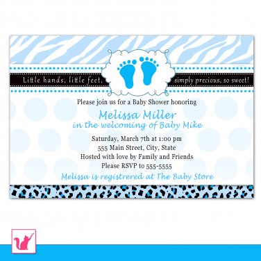 30 Personalized Zebra Leopard Blue Polka Dots Baby Shower Invitations