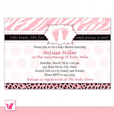 Printable Personalized Zebra Leopard Pink Polka Dots Baby Shower Invitation