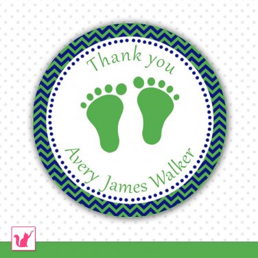 Printable Personalized Chevron Kelly Green Navy Blue Baby Feet Thank You Tags - Baby Shower Party