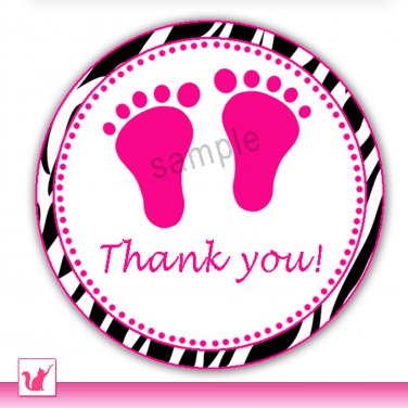 Printable Zebra Hot Pink Baby Feet Thank You Tags - Baby Shower Party