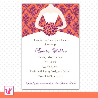 30 Personalized Damask Coral Purple Bridal Shower Invitations
