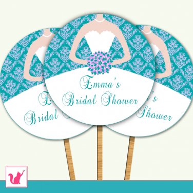20 Personalized Bridal Shower Damask Teal Lavender Cupcake Topper