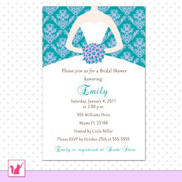 Printable Personalized Damask Teal Lavender Bridal Shower Invitations