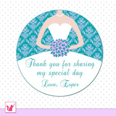 40 Personalized Damask Teal Lavender Thank You Tags - Bridal Shower