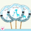 20 Personalized Cute Blue Giraffe Cupcake Topper - Baby Shower Party
