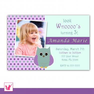 Printable Personalized Adorable Purple Lime Owl Photo Birthday Party Invitation