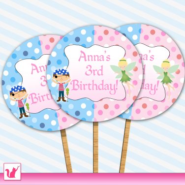Printable Personalized Cute Pirate Fairy Cupcake Topper - Birthday Party Boy Girl Unisex