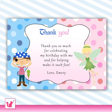 Printable Pirate Fairy Pixie Princess Birthday Party Thank You Cards Note Baby