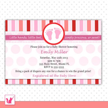 30 Personalized Cute Pink Red Stripes Baby Feet - Baby Shower Invitations