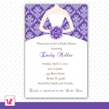 Printable Personalized Purple Damask Bride Bridal Shower Invitations