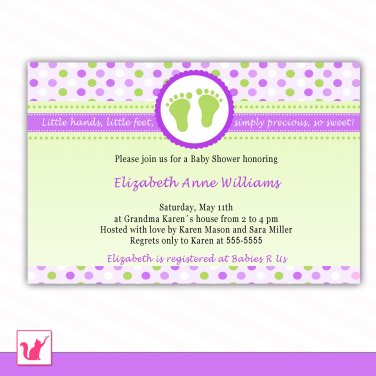 Printable Personalized Cute Purple Green Polka Dots Baby Feet - Baby Shower Invitations