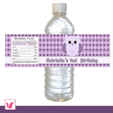 25 Personalized Purple Polka Dots Owl Water Bottle Label Wrappers - Birthday Party