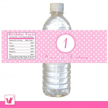 25 Personalized Pink Number Polka Dots Water Bottle Label Wrappers - Birthday Party