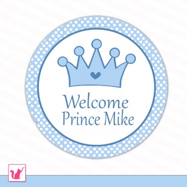 40 Personalized Prince Blue White Polka Dots Welcome Tag - Baby Shower Party