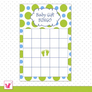 Printable Baby Shower Party Gift Bingo Card - Blue Green Polka Dots Baby Feet