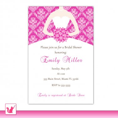 Printable Personalized Fuchsia Hot Pink Damask Bride Bridal Shower Invitations