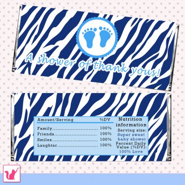 Printable Blue Zebra Thank You Baby Feet Candy Bar Wrapper - Baby Shower