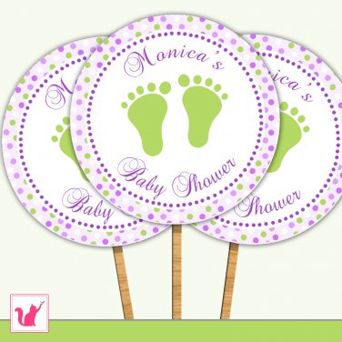 20 Personalized Polka Dots Lime Green Purple Baby Feet Cupcake Topper - Baby Shower Party