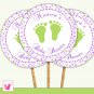 20 Personalized Polka Dots Lime Green Purple Baby Feet Cupcake Topper - Baby Shower Party