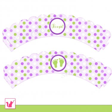 20 Personalized Polka Dots Lime Green Purple Baby Feet Cupcake Wrappers - Baby Shower Party