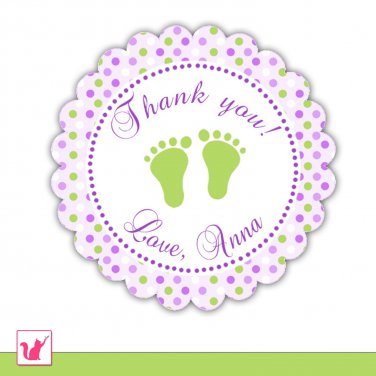 40 Personalized Cute Polka Dots Lime Purple Baby Feet Thank You Tags - Baby Shower Party