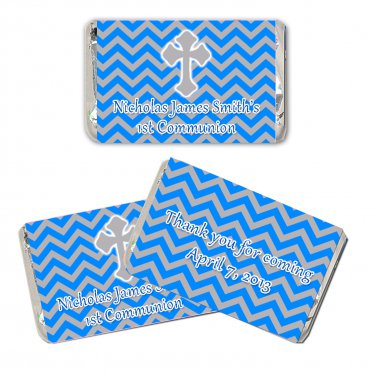 90 Personalized Christening Blue Grey Chevron Design Mini Candy Wrappers - 1st Holy Communion