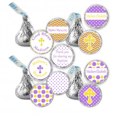 216 Hershey Kiss stickers - Personalized Purple Yellow Chevron Baptism Occasion Labels