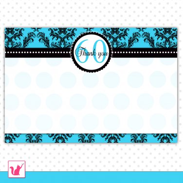 Printable Personalized Damask Turquoise Teal Birthday Anniversary Blank Thank You Card