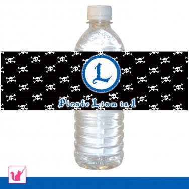 25 Personalized Black Pirate Adventure Water Bottle Label Wrappers - Birthday Party