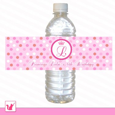 25 Personalized Pink Princess Monogram Polka Dots Water Bottle Label Wrappers - Birthday Party