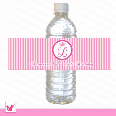 25 Personalized Pink Princess Monogram Stripes Water Bottle Label Wrappers - Birthday Party