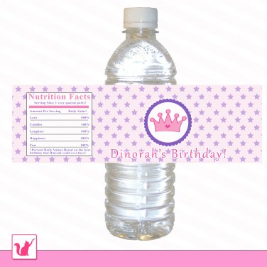 25 Personalized Pink Purple Princess Star Water Bottle Label Wrappers - Birthday Party