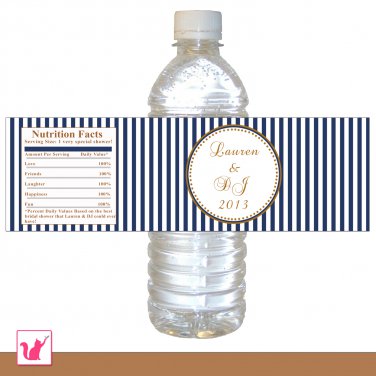 25  Personalized Navy Blue Stripes Gold Bridal Shower Water Bottle Labels Wrappers