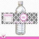 25 Personalized Pink Princess Damask Water Bottle Label Wrappers - Birthday Party