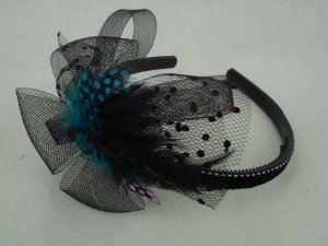 Bridal Feather Bow peacock Pheasant Blue Headband HR87