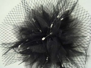 Bridal Feather Black silk flower bead pin clip BA104 6"