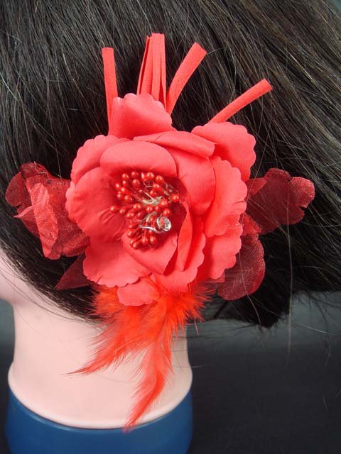 Bridal Wedding Feather Red silk flower pin clip BA75