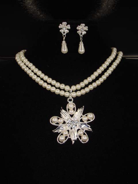 Bridal flower Faux pearl necklace earring Set NR212