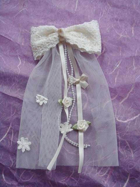 Bridal Flower girl Bow Lace Ivory Pink Barrettes HR114