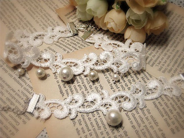 Gothic sexy faux pearl Lolita white bangle bracelet necklace choker NR255