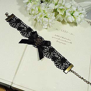 Sexy Rhinestone rose flower ribbon Black Lace gothic slave Bracelet BR218