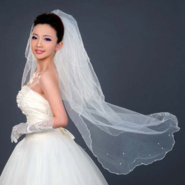 Bridal 3 layers Cathedral Wedding White Veil Faux pearl Bead 1.2m V02