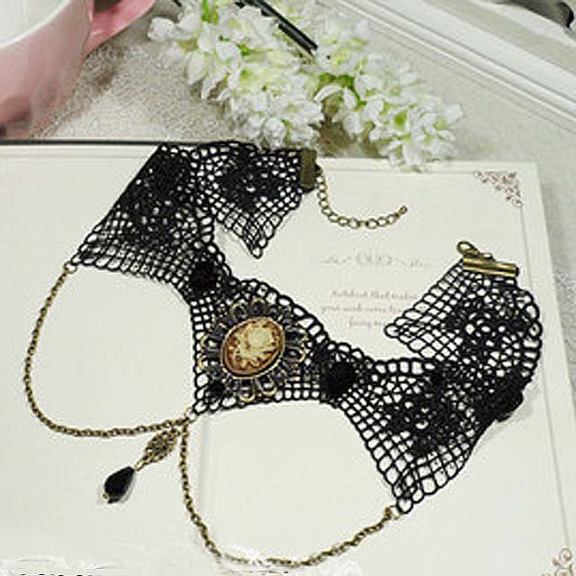 Gothic Sexy Lolita Lace ribbon Black Retro Cameo Flower Choker necklace NR244