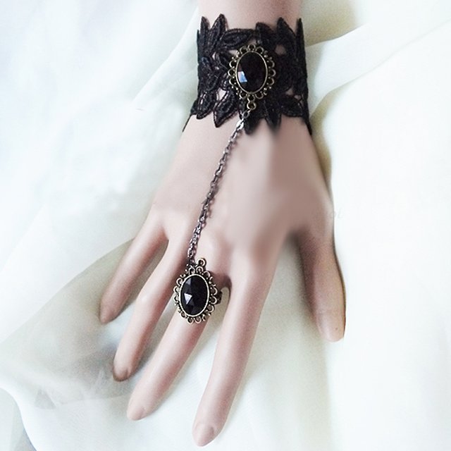 Sexy Belly dance Rhinestone Leave Black Lace gothic slave Bracelet BR244
