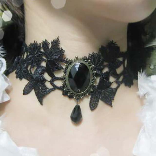 Gothic sexy Lolita Lace ribbon Black Flower bead Choker necklace NR297