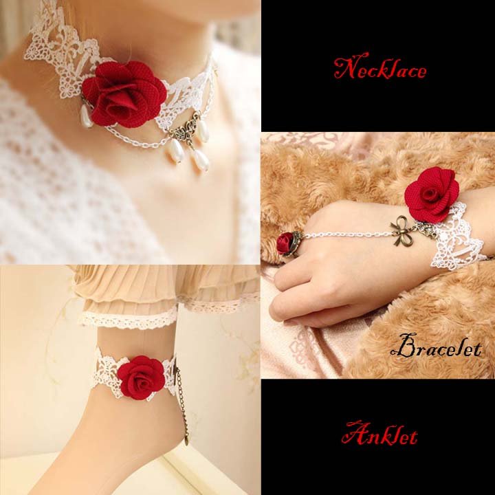 Lolita Gothic sexy Red Flower Choker white necklace bracelet anklet set BR337