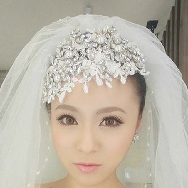 Bridal Rhinestone Adjustable forehead band Faux pearl lace Hair tiara HR211